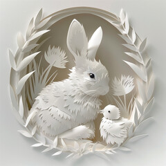 Paper cut white rabbit and chick on white background in a garland of leaves