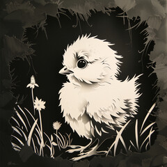 Paper cut white chick on black background - obrazy, fototapety, plakaty