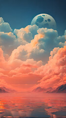 Orange Color cloud sky landscape in digital art style with moon wallpaper - obrazy, fototapety, plakaty