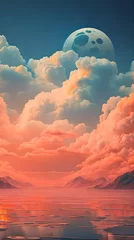 Fotobehang Orange Color cloud sky landscape in digital art style with moon wallpaper © Ivanda