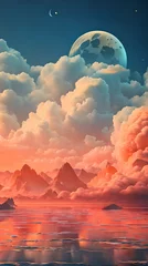 Fototapeten Orange Color cloud sky landscape in digital art style with moon wallpaper © Ivanda