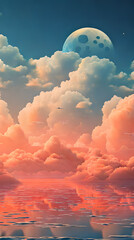 Orange Color cloud sky landscape in digital art style with moon wallpaper - obrazy, fototapety, plakaty