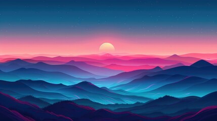 Flat color vector landscape, sleek and vibrant, designed for storytelling with expansive skies