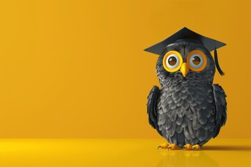A cartoon owl wearing a red graduation cap and gown stands on a green surface