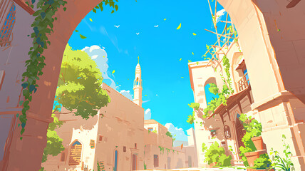 Obraz premium City with beautiful atmosphere of Ramadan, Muslim, anime art background
