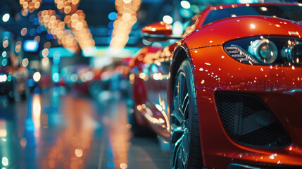 New Cars on Display with Bokeh Effect - obrazy, fototapety, plakaty