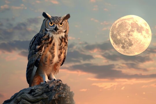 A large owl is perched on a branch in front of a full moon
