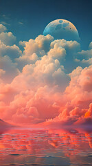 Orange Color cloud sky landscape in digital art style with moon wallpaper - obrazy, fototapety, plakaty