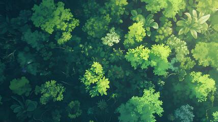 Fototapeta na wymiar top view of forest, daytime sunlight, anime style background
