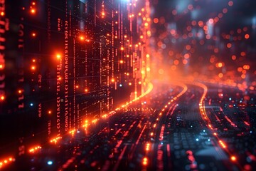 Fototapeta premium Dynamic Fintech Visualization Interwoven Financial Data and Luminescent Cityscape