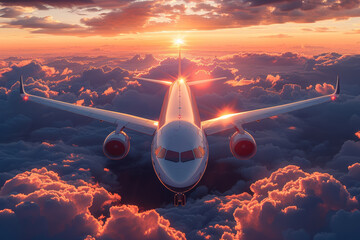 Airplane glowing in the golden hour, navigating through a cloud wonderland.