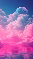 Abwaschbare Fototapete Rosa Pink Color cloud sky landscape in digital art style with moon wallpaper