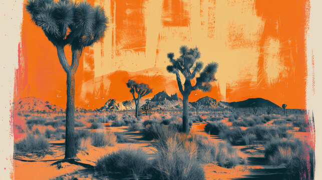 Stylized desert landscape with vibrant orange hues and painterly Joshua trees.