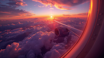 View from an airplane window of a wing soaring above sun-kissed clouds during a majestic sunrise. - obrazy, fototapety, plakaty