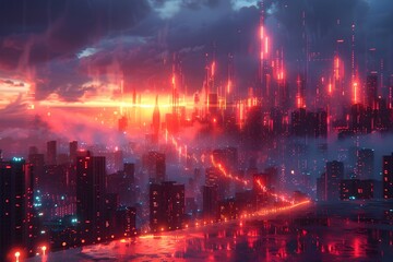 Fototapeta premium Futuristic Candle Chart Sculpture Emerging from Vibrant Neon Cityscape Backdrop
