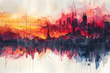 Ethereal Cityscape Watercolor Impressions of Digital Market Trends and Movement