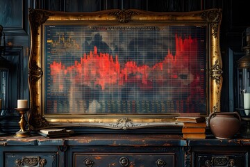 Dramatic Expressionist Financial Chart in Ornate Gold Frame