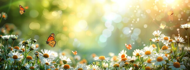 Sunlit field of daisies with fluttering butterflies. Chamomile flowers on a summer meadow in nature, panoramic landscape. - obrazy, fototapety, plakaty