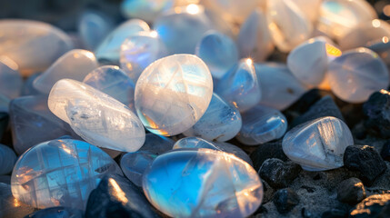 Glistening opalescent moonstones on dark wet sand under soft light, highlighting their iridescence and unique patterns
