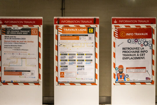 Paris, France, 9 November 2024 : Public Transport Construction Information Posters.