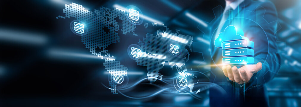 Businessman holding cloud connection on secure networking and reliable hosting services, Business strategy and scalability, cost-efficiency, flexibility, Technology and global reach.