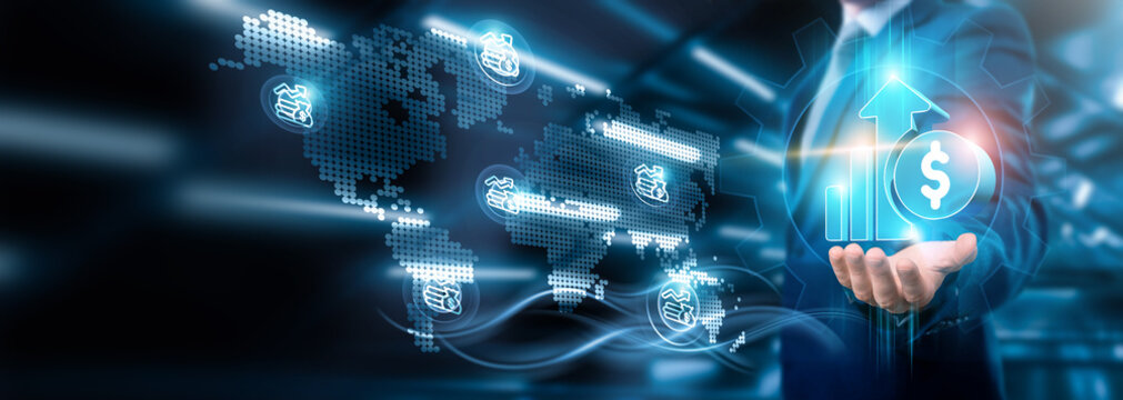 Businessman holding investment connections on financial networking and mergers & acquisitions, business strategy and growth, diversification, scalability, technology, and global reach.