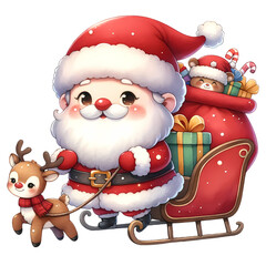 Santa, with a jolly smile, prepares his sleigh loaded with gifts, a cute reindeer by his side, ready to deliver holiday cheer. PNG, 300 dpi
