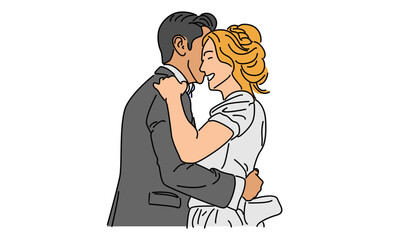 line art color of happy married man and woman. Romantic young wedding couple - obrazy, fototapety, plakaty