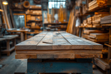Stacks of wooden planks prepared for processing in a carpentry workshop