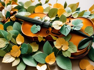 Retro wooden brown violin with green yellow leaves closeup. Romance and love concept