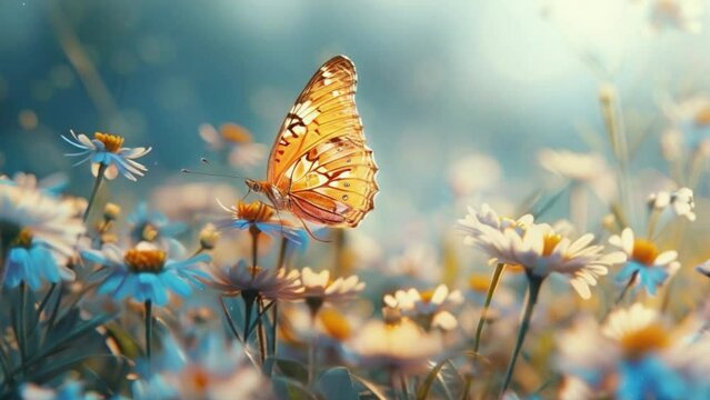 A butterfly is flying in a field of flowers. The scene is peaceful and serene, with the butterfly being the focal point of the image. The bright colors of the butterfly