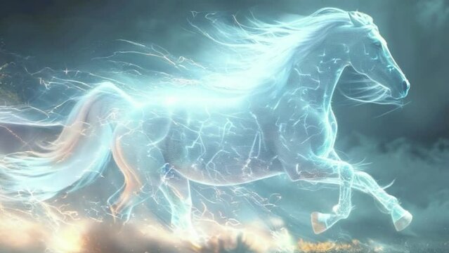 A horse is running through a stormy sky with lightning bolts 4K motion