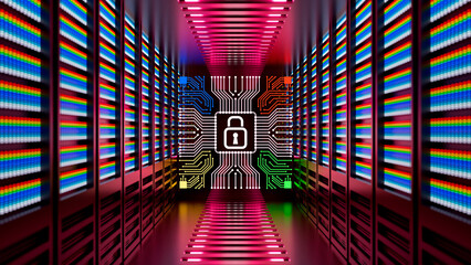 Data security technology concept. Warehouse, Information Digitalization Lines Streaming Through Servers. SAAS, Cloud Computing, Web Service. 3d rendering