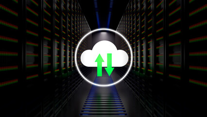 Data security technology concept. Warehouse, Information Digitalization Lines Streaming Through Servers. SAAS, Cloud Computing, Web Service. 3d rendering