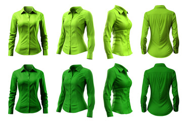 2 Set of woman dark light green lime button up long sleeve collar slim fitting shirt front, back side view on transparent background cutout, PNG file. Mockup template for artwork graphic design - obrazy, fototapety, plakaty