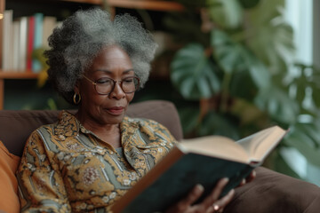 Senior African American woman sitting on the sofa and engrossed in reading a book. She appears to be focused on the text, enjoying her hobby and therapy