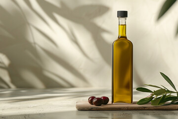 A one transparent bottle of a gold olive oil with branches with olive leaves  and fresh olives with a  space for copy text, an olive oil bottle on the table in minimalist style for mockup, no labels