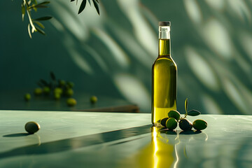 A one transparent bottle of a gold olive oil with branches with olive leaves  and fresh olives with a  space for copy text, an olive oil bottle on the table in minimalist style for mockup, no labels