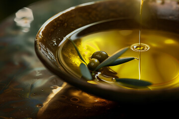 A pure beautiful transparent golden olive oil in a cup on the table with branch and frest olives