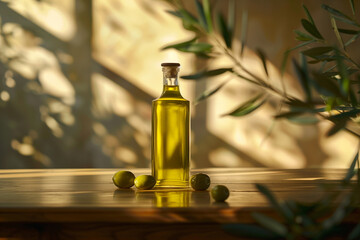 A transparent bottle of an olive oil with an olive branches and fresh olives, a beautiful shadow on the wall, place for text. An olive oil bottle on the table in minimalist style for mockup, no label.