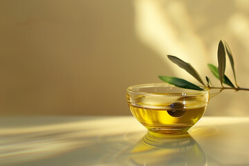 A pure beautiful transparent golden olive oil in a cup on the table with branch and frest olives, minimalist style, a lot of space for copy text for your company and the product advertisement