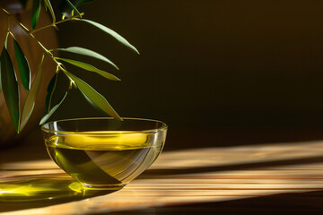 A pure beautiful transparent golden olive oil in a cup on the table with branch and frest olives, a lot of space for copy text for your compny advertisement - obrazy, fototapety, plakaty