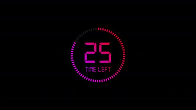 30 second countdown Animation. 30 second clock timer countdown animation on black background.
