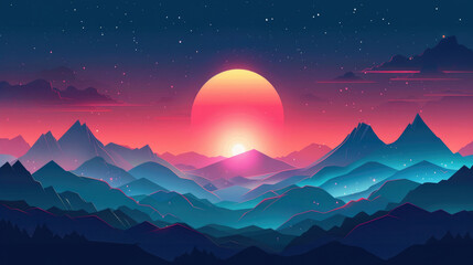 Flat color vector landscape, sleek and vibrant, designed for storytelling with expansive skies