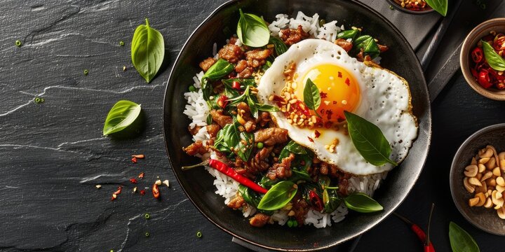 Thai food, top view of fried basil with pork and fried egg. An original Thai food concept. Dark background.