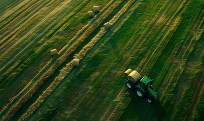 Aerial view on the tractor working on the large wheat field.