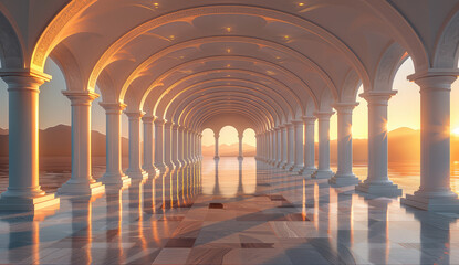 A white marble corridor with arches and columns leading to the horizon, bathed in golden sunlight. Created with Ai - obrazy, fototapety, plakaty