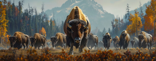 A herd of bison in the wilderness, with one very large and powerful animal leading them all.