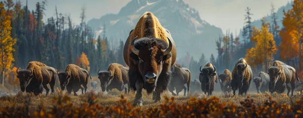 Fotobehang A herd of bison in the wilderness, with one very large and powerful animal leading them all. © Kien