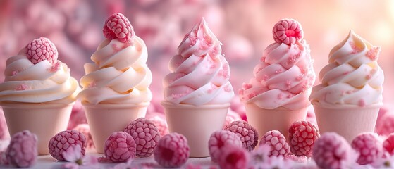 Ice Cream With Frozen Raspberries. Illustration On The Theme Of Sweets, Relaxation And Entertainment. Generative AI